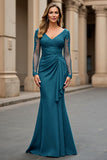 Navy Mermaid Long Sleeve Mother Of The Bride Dress With Appliques