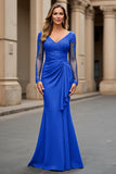 Navy Mermaid Long Sleeve Mother Of The Bride Dress With Appliques