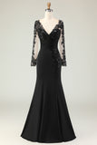 Elegant Black Mermaid V-Neck Mother Of The Bride Dress with Sequins