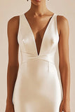Ivory Satin V-Neck Midi Engagement Dress