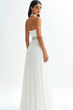 Ivory A Line High Neck Long Engagement Dress with Belt