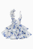 Pink Flower Asymmetrical Neck A Line Homecoming Dress