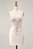 Black Pink Flower Bodycon Homecoming Dress With Sequins