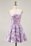 Floral Lilac A-Line Strapless Homecoming Dress