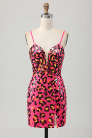 Fuchsia Bodycon Spaghetti Straps Sequin Homecoming Dress with Slit