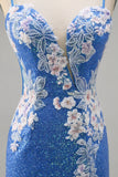 Floral Blue Sequin Tight Homecoming Dress with Slit