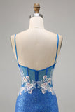 Floral Blue Sequin Tight Homecoming Dress with Slit
