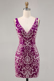 Fuchsia V-Neck Sequin Tight Homecoming Dress