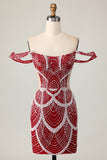 Off The Shoulder Sequin Tight Red Homecoming Dress
