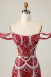 Off The Shoulder Sequin Tight Red Homecoming Dress