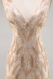 Champagne V-Neck Tight Homecoming Dress with Sequins