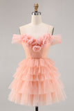 Cute Cold Shoulder Tiered Blush Homecoming Dress with 3D Flowers