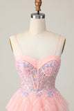 Cute Tiered Pink Homecoming Dress with Appliques