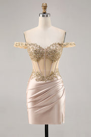 Off the Shoulder Corset Bodycon Champagne Homecoming Dress with Sequins