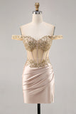 Corset Sequin Champagne Off the Shoulder Homecoming Dress with Slit