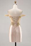 Corset Sequin Champagne Off the Shoulder Homecoming Dress with Slit