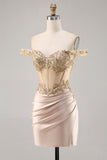 Off the Shoulder Corset Bodycon Champagne Homecoming Dress with Sequins