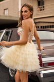 Apricot Corset Tiered A-Line Homecoming Dress with Appliques