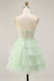 Light Green Tiered A-Line Corset Strapless Homecoming Dress