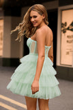 Light Green Tiered A-Line Corset Strapless Homecoming Dress