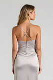 Silver Sheath Satin Maxi Bridesmaid Dress With Slit