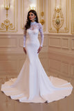 White Mermaid Long Sleeve Modest Wedding Dress With Appliques
