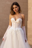 Corset Strapless A-Line Ivory Bridal Dress With Appliques (Without Gloves)