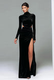 Black Velvet Cut Out High Neck Long Sleeve Formal Dress with Slit