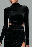 Black Velvet Cut Out High Neck Long Sleeve Formal Dress with Slit