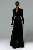 Black Velvet Cut Out High Neck Long Sleeve Formal Dress with Slit