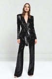 Peak Lapel Sequined Black 2-Piece Women Prom Suits With Sash