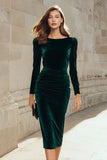 Pencil Velvet Long Sleeve Dark Green Work Dress