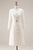 Ivory Tweed A-Line Round Neck Business Casual Dress With Belt