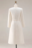 Ivory Tweed A-Line Round Neck Business Casual Dress With Belt