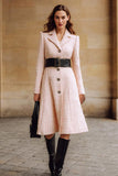 Pink Notched Lapel Long Sleeve Tweed Midi Work Dress（Without Belt）