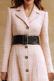 Pink Notched Lapel Long Sleeve Tweed Midi Work Dress（Without Belt）
