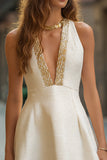 Ivory A-Line V-Neck Mini Cocktail Dress