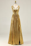 Metallic Gold Pleated A-Line V-Neck Formal Dress With Slit