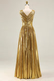 Gold A-Line V-Neck Pleated Formal Dress With Slit