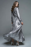 Long Sleeve A-Line Silver Formal Dress With Sequins