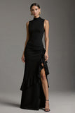 High Neck Sheath Ruffled Black Tie Dress With Slit