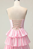 Pink Strapless Tiered Beaded A-Line Prom Dress With Slit