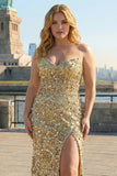 Sparkly Golden Plus Size Strapless Corset Mermaid Prom Dress