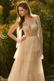 Sparkly Champagne Corset A Line Ruffled Prom Dress