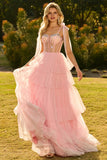 Sparkly Champagne Corset A Line Ruffled Prom Dress