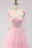 Corset A-Line Beaded Apricot Prom Dress With Lace Up Back