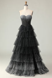 Black White Dot Sweetheart Corset Tiered A-Line Prom Dress With Slit