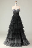 Black White Dot Sweetheart Corset Tiered A-Line Prom Dress With Slit