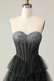 Black White Dot Sweetheart Corset Tiered A-Line Prom Dress With Slit