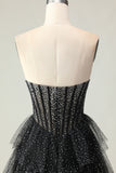 Black White Dot Sweetheart Corset Tiered A-Line Prom Dress With Slit